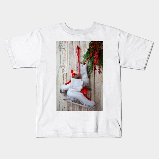 Old Ice Skates And Evergreen Kids T-Shirt by photogarry